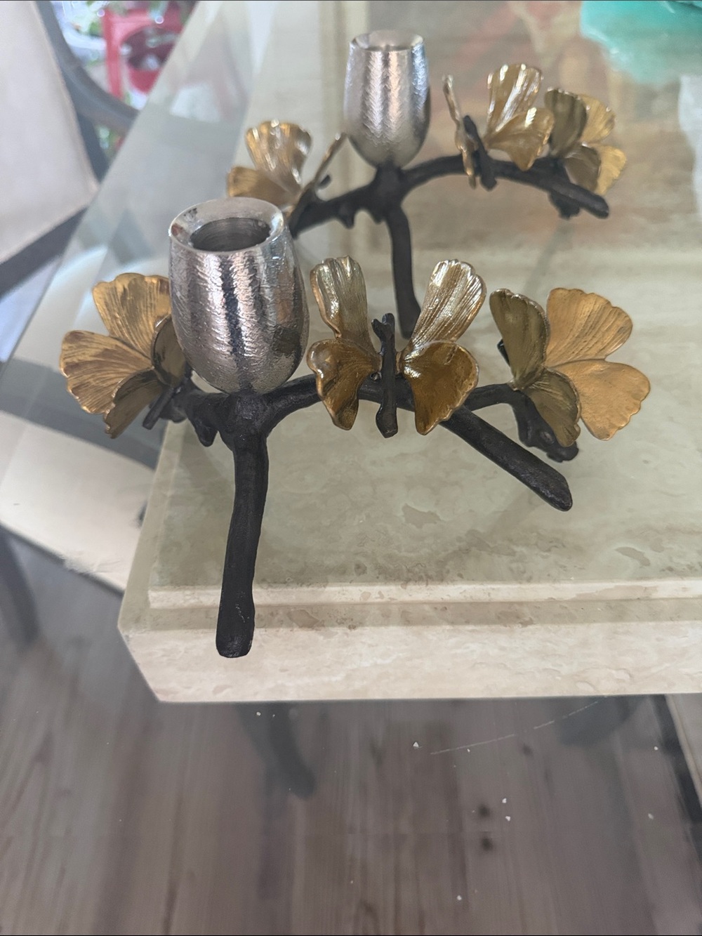 Michael Aram butterfly  Ginkgo Candleholder in Gold and Black, Set of 2